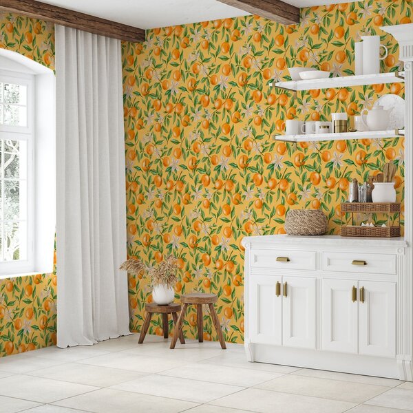 Carta da parati Arance, foglie verdi e fiori bianchi su sfondo giallo, Parati classici Cibo e bevande, a01262v4 : Uwalls.it
