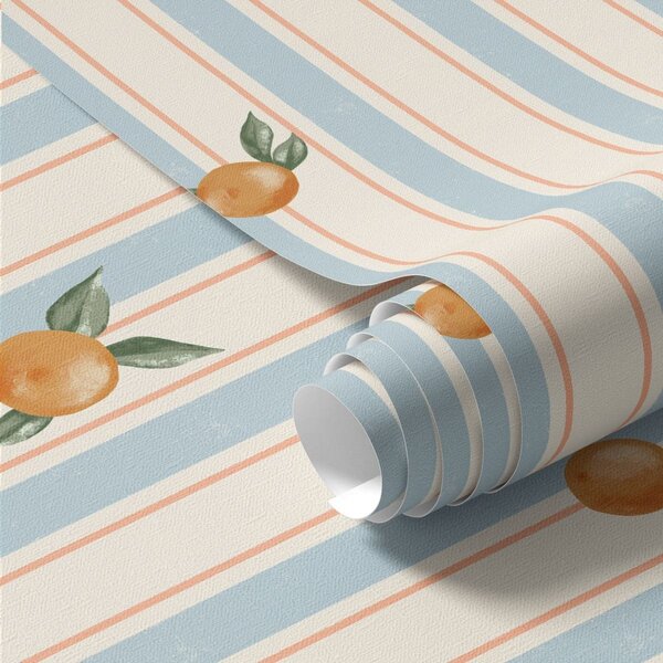 Carta da parati Frutti d'arancio su strisce di colore azzurro, Parati geometrica classici, Parati geometrica a righe classici, a01263v1 : Uwalls.it