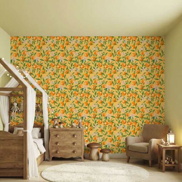 Carta da parati Arance, foglie verdi e fiori bianchi su sfondo giallo, Parati classici Cibo e bevande, a01262v4 : Uwalls.it