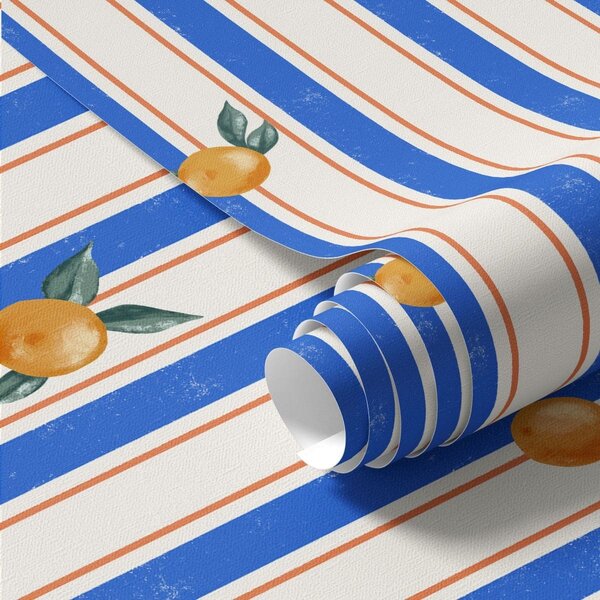 Carta da parati Frutta arancione su strisce blu e crema, Parati geometrica classici, Parati geometrica a righe classici, a01263 : Uwalls.it