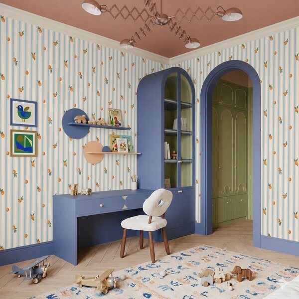 Carta da parati Frutti d'arancio su strisce di colore azzurro, Parati geometrica classici, Parati geometrica a righe classici, a01263v1 : Uwalls.it