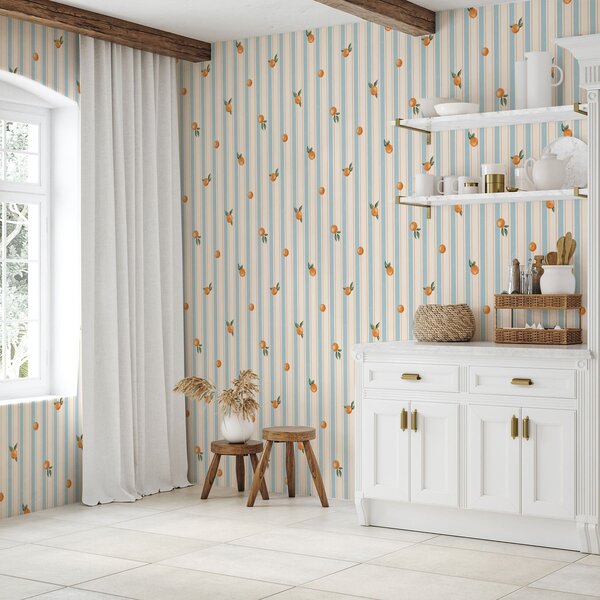 Carta da parati Frutti d'arancio su strisce di colore azzurro, Parati geometrica classici, Parati geometrica a righe classici, a01263v1 : Uwalls.it