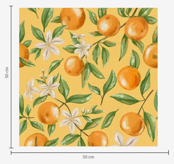 Carta da parati Arance, foglie verdi e fiori bianchi su sfondo giallo, Parati classici Cibo e bevande, a01262v4 : Uwalls.it