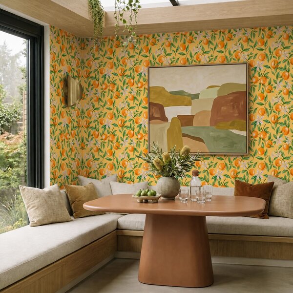 Carta da parati Arance, foglie verdi e fiori bianchi su sfondo giallo, Parati classici Cibo e bevande, a01262v4 : Uwalls.it