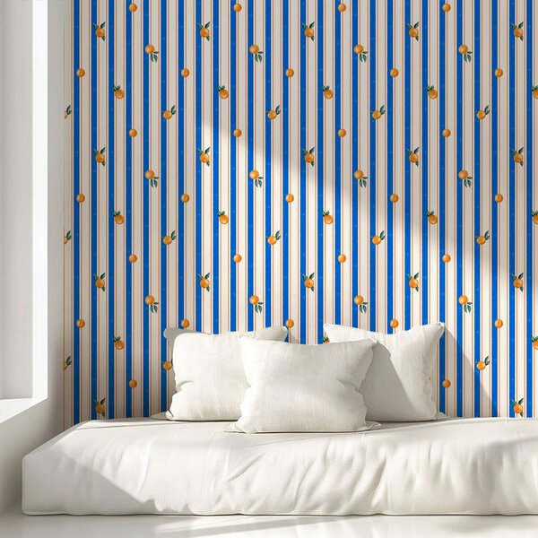 Carta da parati Frutta arancione su strisce blu e crema, Parati geometrica classici, Parati geometrica a righe classici, a01263 : Uwalls.it
