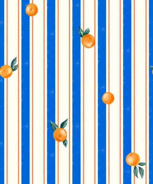 Carta da parati Frutta arancione su strisce blu e crema, Parati geometrica classici, Parati geometrica a righe classici, a01263 : Uwalls.it
