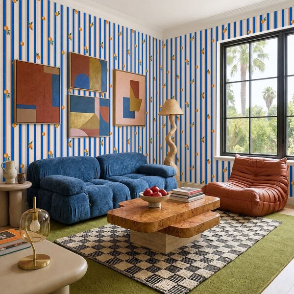 Carta da parati Frutta arancione su strisce blu e crema, Parati geometrica classici, Parati geometrica a righe classici, a01263 : Uwalls.it
