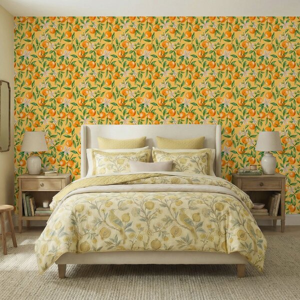Carta da parati Arance, foglie verdi e fiori bianchi su sfondo giallo, Parati classici Cibo e bevande, a01262v4 : Uwalls.it