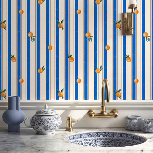 Carta da parati Frutta arancione su strisce blu e crema, Parati geometrica classici, Parati geometrica a righe classici, a01263 : Uwalls.it