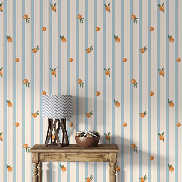 Carta da parati Frutti d'arancio su strisce di colore azzurro, Parati geometrica classici, Parati geometrica a righe classici, a01263v1 : Uwalls.it
