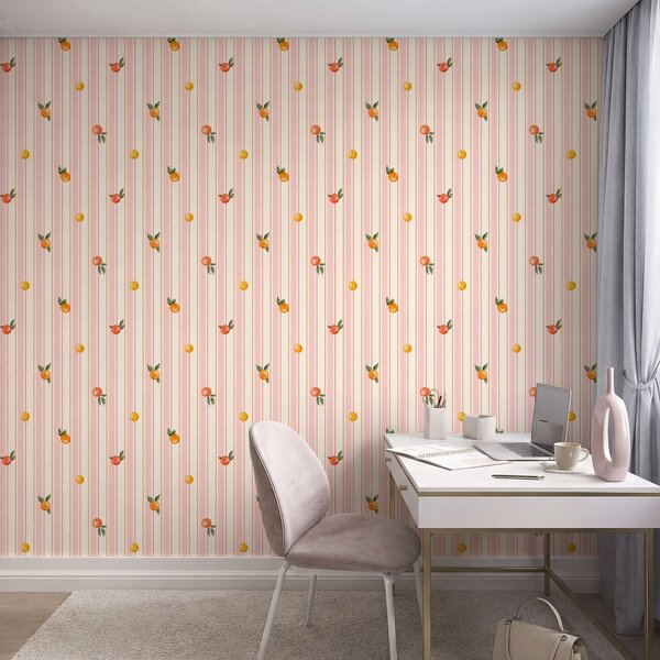 Carta da parati Frutta arancione su strisce rosa e color crema, Parati geometrica classici, Parati geometrica a righe classici, a01263v4 : Uwalls.it