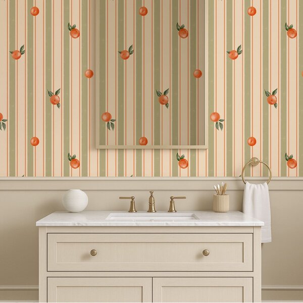 Carta da parati Frutti d'arancio su strisce color oliva e crema, Parati geometrica classici, Parati geometrica a righe classici, a01263v3 : Uwalls.it