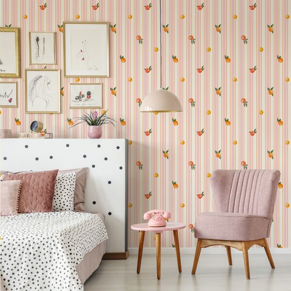 Carta da parati Frutta arancione su strisce rosa e color crema, Parati geometrica classici, Parati geometrica a righe classici, a01263v4 : Uwalls.it