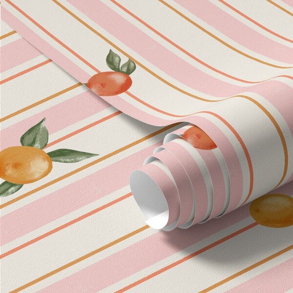 Carta da parati Frutta arancione su strisce rosa e color crema, Parati geometrica classici, Parati geometrica a righe classici, a01263v4 : Uwalls.it