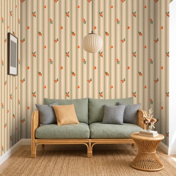 Carta da parati Frutti d'arancio su strisce color oliva e crema, Parati geometrica classici, Parati geometrica a righe classici, a01263v3 : Uwalls.it