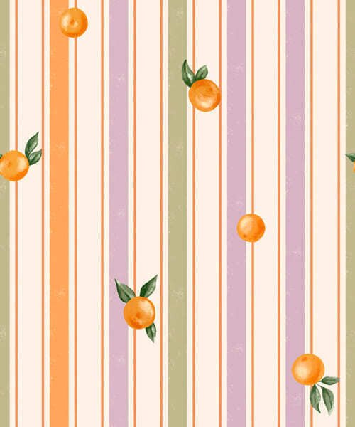 Carta da parati Frutta arancione su strisce multicolori, Parati geometrica classici, Parati geometrica a righe classici, a01263v2 : Uwalls.it
