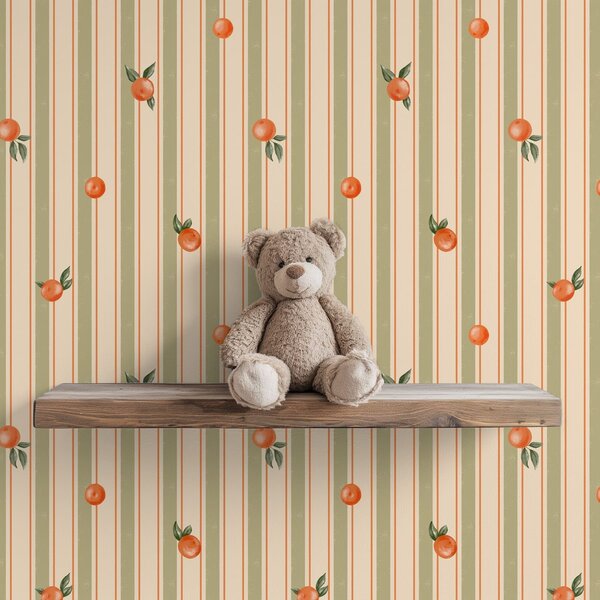 Carta da parati Frutti d'arancio su strisce color oliva e crema, Parati geometrica classici, Parati geometrica a righe classici, a01263v3 : Uwalls.it