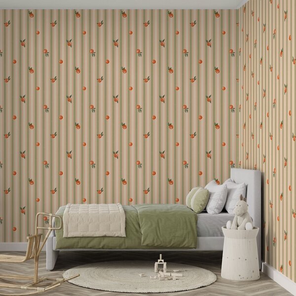 Carta da parati Frutti d'arancio su strisce color oliva e crema, Parati geometrica classici, Parati geometrica a righe classici, a01263v3 : Uwalls.it