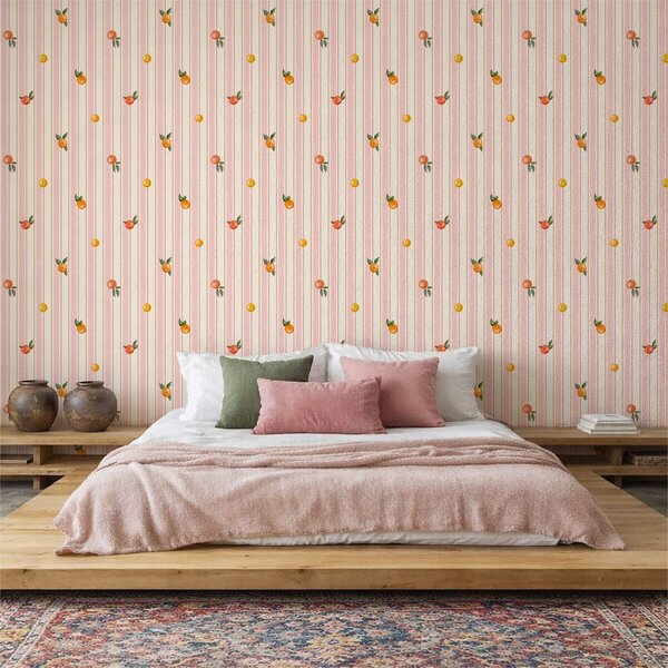 Carta da parati Frutta arancione su strisce rosa e color crema, Parati geometrica classici, Parati geometrica a righe classici, a01263v4 : Uwalls.it