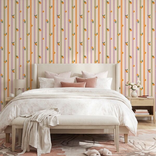 Carta da parati Frutta arancione su strisce multicolori, Parati geometrica classici, Parati geometrica a righe classici, a01263v2 : Uwalls.it