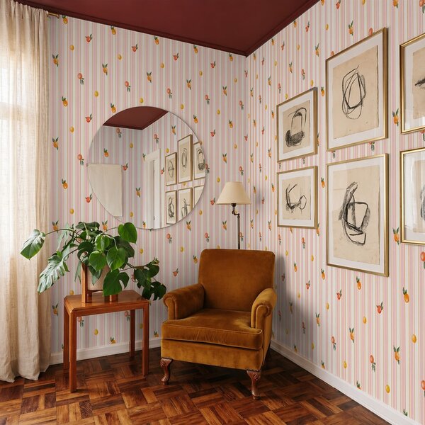 Carta da parati Frutta arancione su strisce rosa e color crema, Parati geometrica classici, Parati geometrica a righe classici, a01263v4 : Uwalls.it