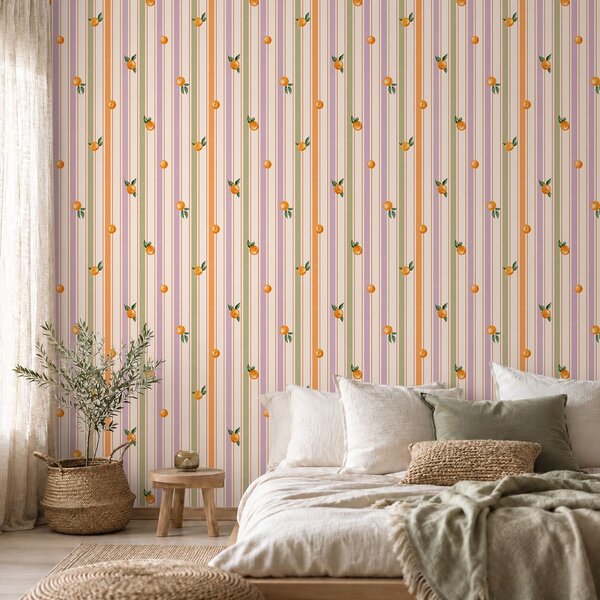 Carta da parati Frutta arancione su strisce multicolori, Parati geometrica classici, Parati geometrica a righe classici, a01263v2 : Uwalls.it