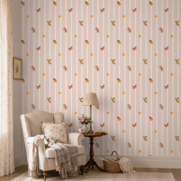 Carta da parati Frutta arancione su strisce rosa e color crema, Parati geometrica classici, Parati geometrica a righe classici, a01263v4 : Uwalls.it