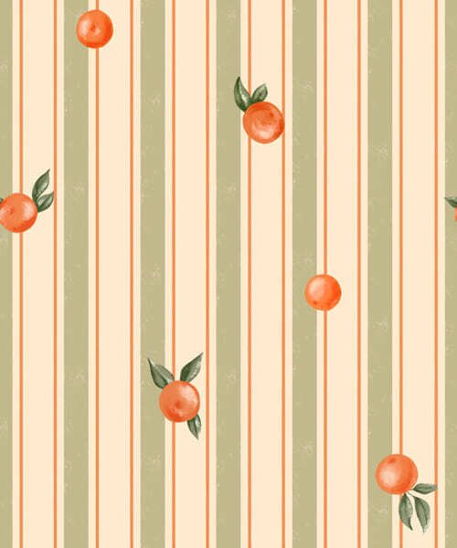 Carta da parati Frutti d'arancio su strisce color oliva e crema, Parati geometrica classici, Parati geometrica a righe classici, a01263v3 : Uwalls.it