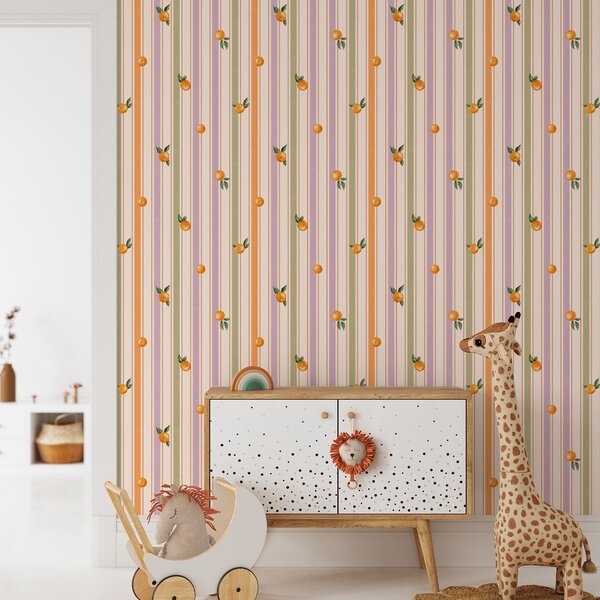 Carta da parati Frutta arancione su strisce multicolori, Parati geometrica classici, Parati geometrica a righe classici, a01263v2 : Uwalls.it