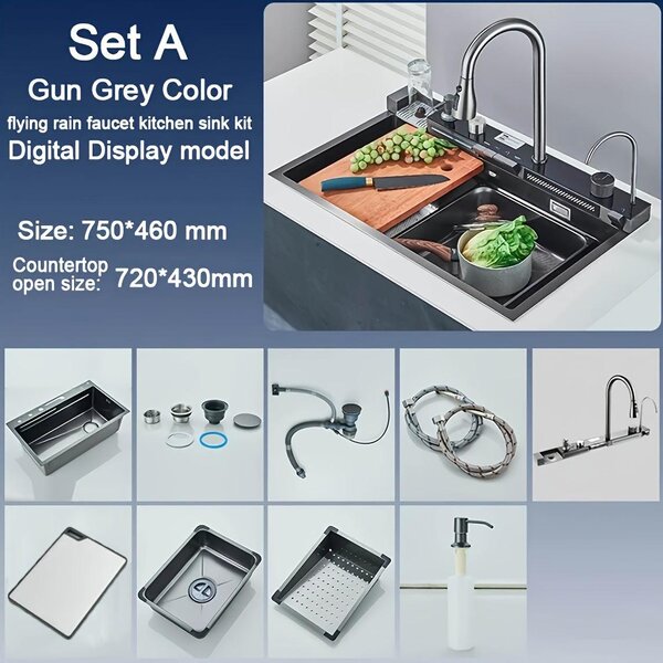 Lavello da cucina grigio gunmetal, lavello in acciaio inossidabile a vasca singola con miscelatore digitale a cascata e soffione estraibile