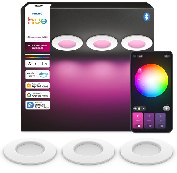 Philips Hue White and Color ambiance Lampada da incasso 90 mm, 3 pezzi, Bluetooth/Zigbee, Bianco, LED, Policarbonato (PC), Altro, 1000 K