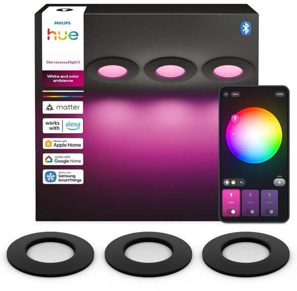 Philips Hue White and Color ambiance Lampada da incasso 90 mm, 3 pezzi, Bluetooth/Zigbee, Nero, LED, Policarbonato (PC), Altro, 1000 K