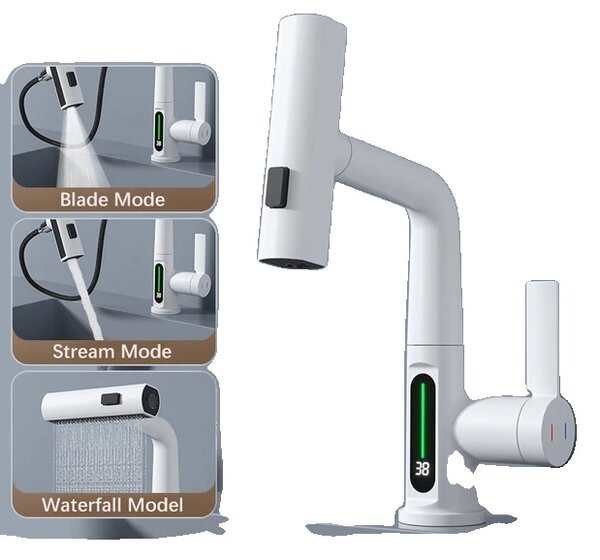 Rubinetto da cucina, display digitale intelligente, funzione estraibile, bianco