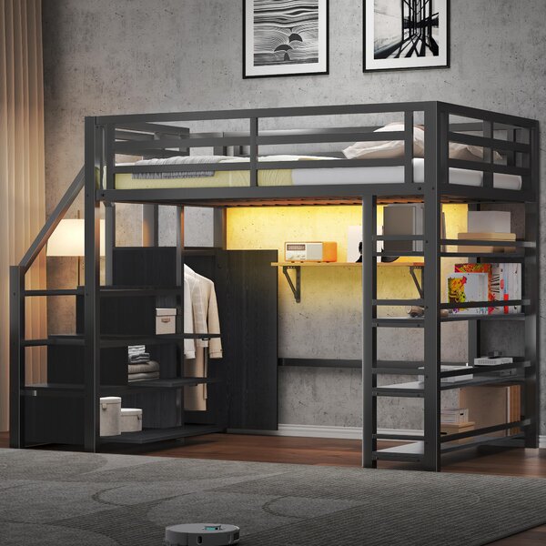 Letto a castello 140x200 cm con scaletta contenitore, armadio, scaffalatura a 4 ripiani e illuminazione LED controllabile tramite app/Bluetooth, in metallo, colore nero
