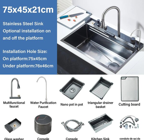 Rubinetto da cucina con effetto cascata e lavello - Acciaio inossidabile - Controllo digitale - Grigio gunmetal