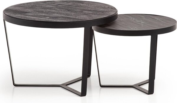 Set di 2 tavolini in legno massiccio di acacia/pietra nel soggiorno rotondo | Wohnling