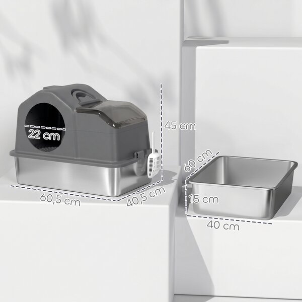 PawHut Lettiera Gatto Chiusa XL in Acciaio Inox con Coperchio, Paletta, Tappetino Raccogli-sabbia, Grigio Scuro | Aosom Italy