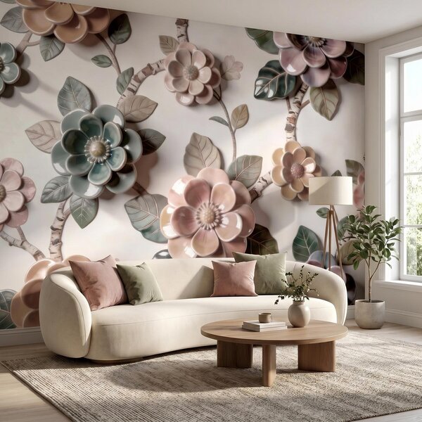 Carta da parati Fiori tridimensionali in ceramica in una delicata gamma di colori pastello, Carta da parati Floreale, w09887 : Uwalls.it