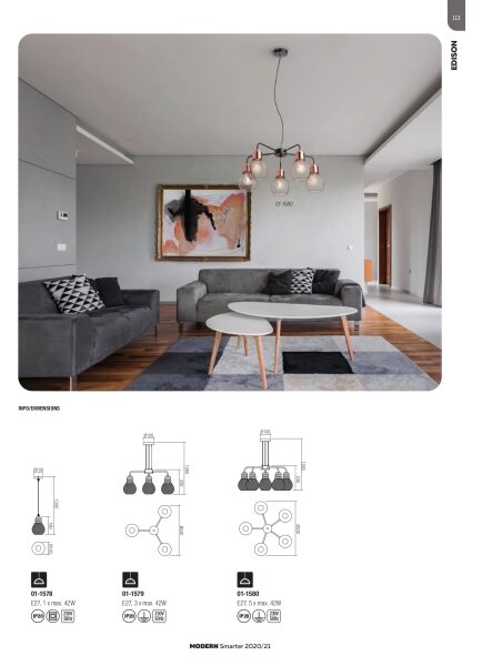 Redo 01-1579 - Lampadario sospeso con cavo EDISON 3xE27/42W/230V diam. 53 cm nero/rame