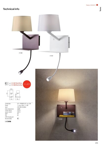 Redo 01-1807 - Applique da parete LED TOMO 1xE27/42W/230V+LED/3W