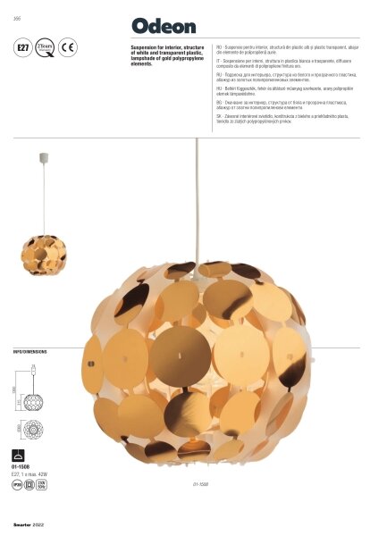 Redo 01-1508 - Lampadario a sospensione con filo ODEON 1xE27/42W/230V diametro 36 cm oro