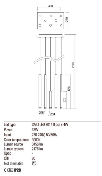 Redo 01-2047 - Lampadario LED a sospensione con filo MADISON 8xLED/4W/230V rame