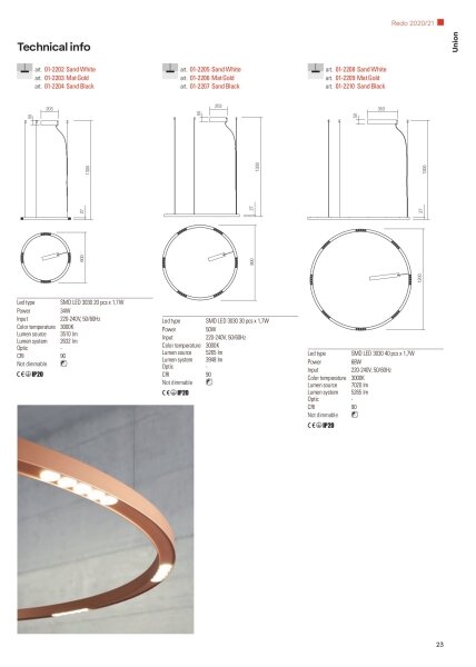 Redo 01-2203 - Lampadario LED a sospensione con filo UNION LED/34W/230V 3000K diametro 60 cm oro