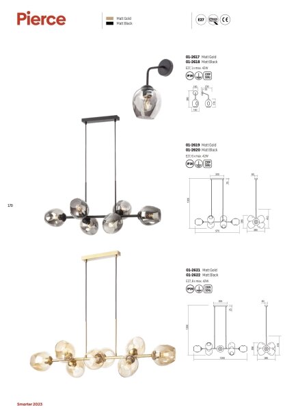 Redo 01-2619 - Lampadario a sospensione con filo PIERCE 6xE27/42W/230V oro/fumé