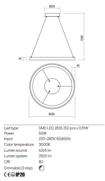 Redo 01-2674- Lampadario a sospensione con filo LED dimmerabile ICONIC LED/50W/230V diametro 58 cm nero