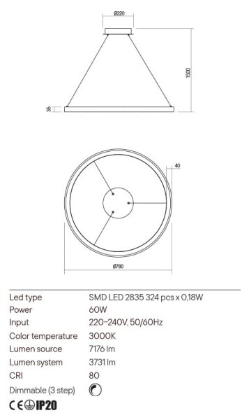 Redo 01-2676-Lampadario a sospensione con filo LED dimmerabile ICONIC LED/60W/230V diametro 78 cm oro