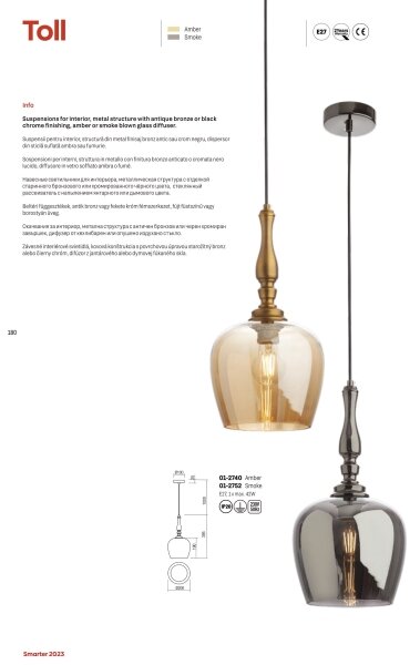 Redo 01-2740 - Lampadario a sospensione con filo TOLL 1xE27/42W/230V bronzo