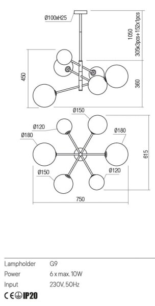 Redo 01-2780 - Lampadario a sospensione con filo ROY 6xG9/10W/230V