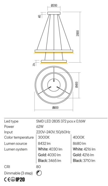 Redo 01-2891 - Lampadario a sospensione con filo LED dimmerabile FEBE LED/62W/230V nero