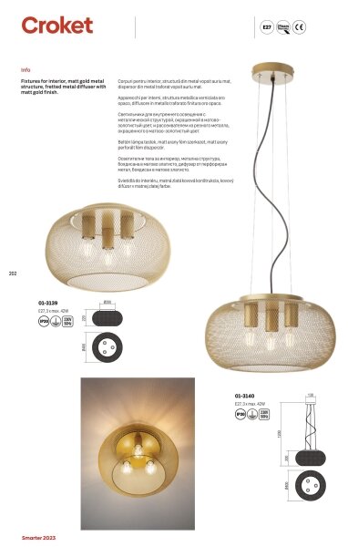 Redo 01-3139 - Plafoniera CROKET 3xE27/42W/230V diametro 40 cm oro